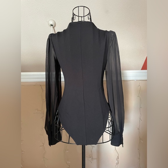 Black V Neck Bodysuit Sheer Sleeves - Picture 2 of 2